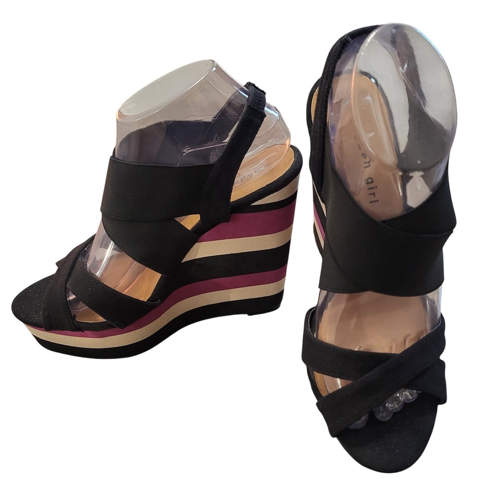 Madden Girl Y2K Striped Wedge Platform Sandals Black Purple Strappy size 8